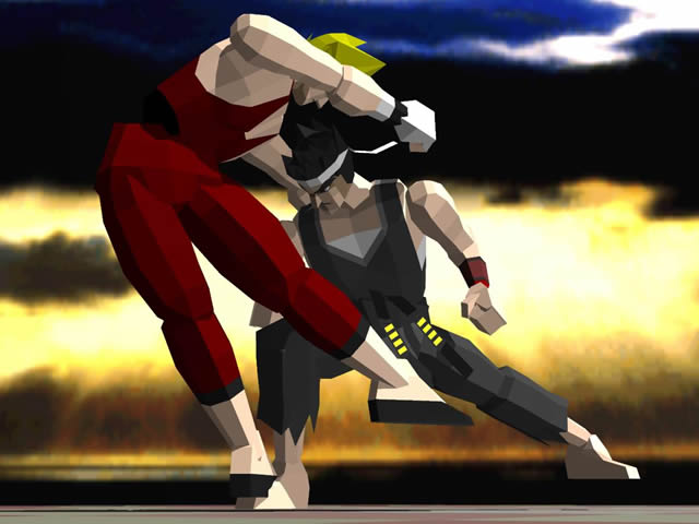 「버추어 파이터(Virtua Fighter)」(1993년). 폴리곤 단위의 라이팅이 기본의 「플랫 셰이딩(Flat Shading)」뿐이며, 텍스처 매핑이라는 개념도 없었다. 그 때문에, 얼굴이나 옷은 "그 형태의 폴리곤"을 묘화해 표현하고 있었다 (C)SEGA