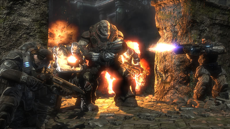 Xbox 360용 명작 타이틀 「기어스 오브 워(Gears of War)」(2006년, Epic Games/Microsoft). 언리얼 엔진 3와 프로그래머블 셰이더 3.0의 정점을 보여준 실시간 3D 렌더링