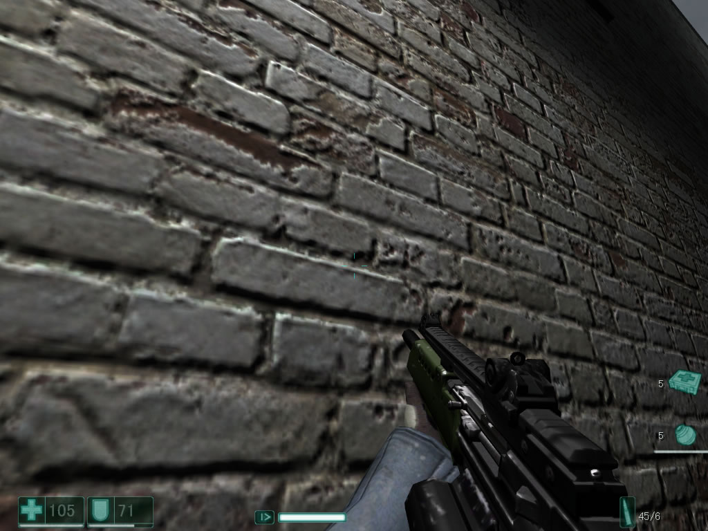 "F.E.A.R."(MONOLITH, 2005)에서. 원목에는 요철이 제대로 있는 것처럼 보인 벽돌 벽도 가까워져 보면 이대로. 실제로 요철은 없고, 평평한데도 음영이 붙는다는 부자연스러움이 노출된다. (C)2005 Monolith Productions, Inc. All rights reserved. Published by Vivendi Universal Games, Inc. under license from Monolith Productions, Inc. F.E.A.R., Vivendi Universal Games and the Vivendi Universal Games logo are trademarks of Vivendi Univers trademarks or trademarks of Sierra Entertainment, Inc. in the U.S. and/or other countries. MONOLITH and the Monolith logo are trademarks of Monolith Productions, Inc. All other trademarks are property of their respective owners.