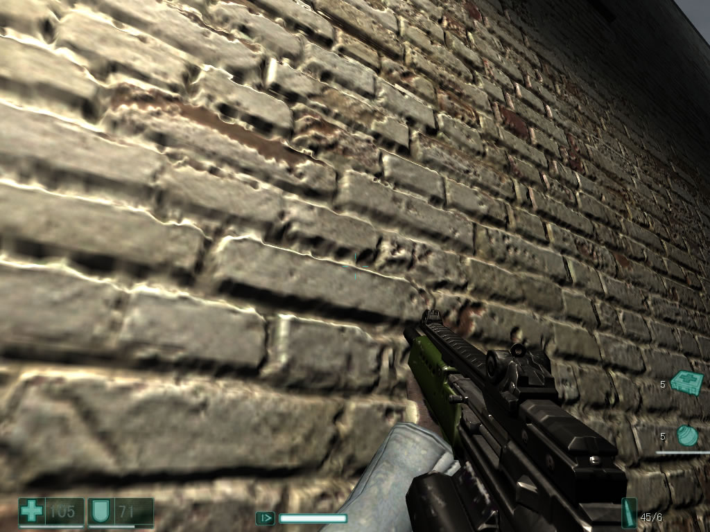 "F.E.A.R."(MONOLITH, 2005)에서. 왼쪽이 단순한 노멀 맵 기반의 범프 매핑, 오른쪽이 패럴랙스 매핑. (C)2005 Monolith Productions, Inc. All rights reserved. Published by Vivendi Universal Games, Inc. under license from Monolith Productions, Inc. F.E.A.R., Vivendi Universal Games and the Vivendi Universal Games logo are trademarks of Vivendi Univers trademarks or trademarks of Sierra Entertainment, Inc. in the U.S. and/or other countries. MONOLITH and the Monolith logo are trademarks of Monolith Productions, Inc. All other trademarks are property of their respective owners.