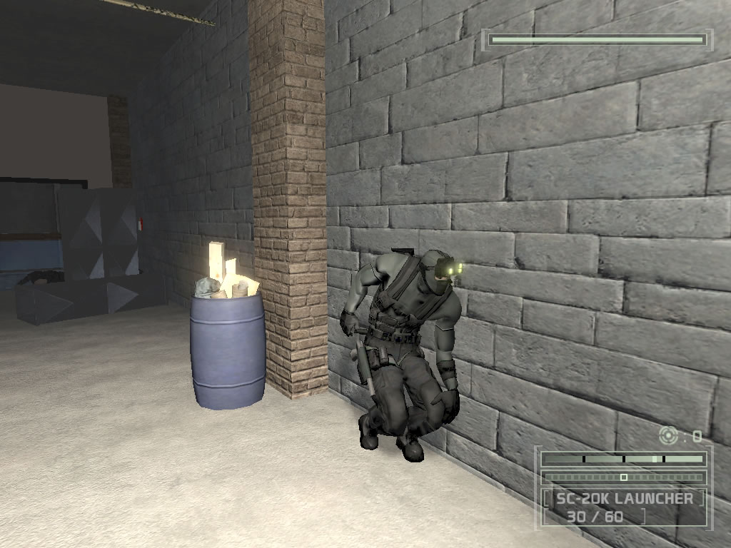 「Tom Clancy's Splinter Cell Chaos Theory」(UBI SOFT, 2005)로부터. 왼쪽이 단순한 노멀 맵 기반의 범프 매핑, 오른쪽이 패럴랙스 매핑. (C)2005 Ubisoft Entertainment. All Rights Reserved. Splinter Cell, Splinter Cell Chaos Theory, Sam Fisher, Ubisoft, and the Ubisoft logo are trademarks of Ubisoft Entertainment in the U.S. and/or other countries. If you need to speak about way:Tom Clancy's Splinter Cell Chaos Theory. If you need to speak only about the Splinter Cell licenci, you have to name it this way:Tom Clancy's Splinter Cell(R)