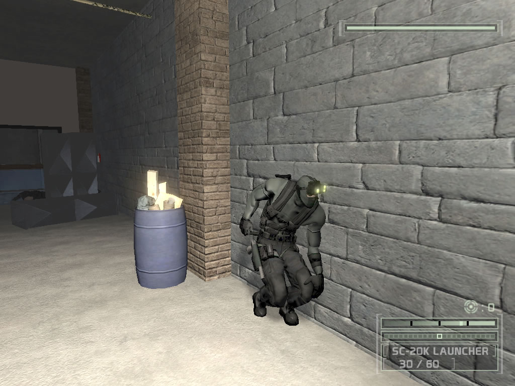 「Tom Clancy's Splinter Cell Chaos Theory」(UBI SOFT, 2005)로부터. 왼쪽이 단순한 노멀 맵 기반의 범프 매핑, 오른쪽이 패럴랙스 매핑. (C)2005 Ubisoft Entertainment. All Rights Reserved. Splinter Cell, Splinter Cell Chaos Theory, Sam Fisher, Ubisoft, and the Ubisoft logo are trademarks of Ubisoft Entertainment in the U.S. and/or other countries. If you need to speak about way:Tom Clancy's Splinter Cell Chaos Theory. If you need to speak only about the Splinter Cell licenci, you have to name it this way:Tom Clancy's Splinter Cell(R)