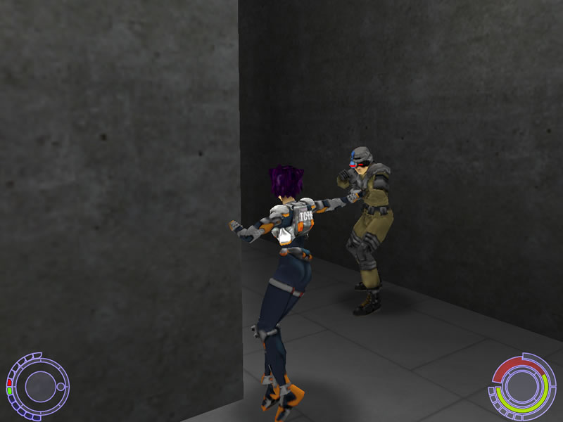 "Oni"(BUNGIE,2001)보다. 발밑에 단지 둥근 그림자 스프라이트를 그릴 뿐인 초간이 그림자 생성 기법이 사용되고 있었다. Oni and the Oni logo are trademarks of Take 2 Interactive Software, Inc. Bungie and the Bungie logo are trademarks of Microsoft, Inc. Gatharing of Developers and godgames are trademarks of Gathering of Developers, Inc. All other trademarks and trade names are property of their Developers. All Rights Reserved.
