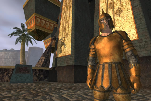 「에버퀘스트 2 (EverQuest II)」(Sony Online Entertainment, 2004). 왼쪽 야자수 잎에 주목. 잎 자체는 투명 알파 텍스처로 정교하게 오려져 있지만, 스텐실 그림자는 사각형 폴리곤 그대로 드리워지는 구조적 한계