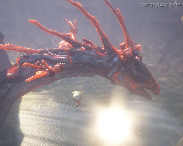 "3DMark06"(Futuremark, 2006)에서. 눈부심의 예. 호수면에 비친 태양으로부터의 고휘도광이 방사상으로 흘러넘치고 있다