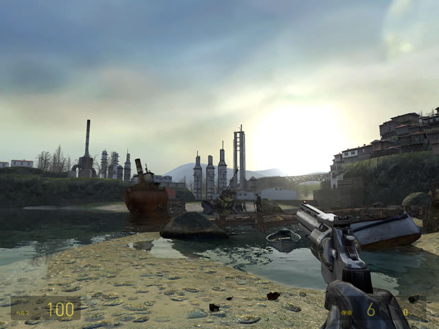 타협안적 리얼 HDR 렌더링 기법을 구현한 「Half-Life2:LostCoast」(VALVE, 2005)보다. 왼쪽이 2004년의 오리지널 「Half-Life2」 시대의 의사 HDR 렌더링. 오른쪽이 타협안적 리얼 HDR 렌더링에 의한 것. 오른쪽은 수면에 비친 태양에도 제대로 블룸 효과가 나오는 것을 알 수 있다