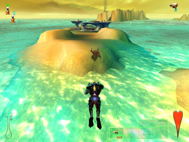 「GIANTS:CITIZEN KABUTO」(PLANET MOON STUIOS, 2000)보다. 반투명의 "잔물결" 텍스처의 스크롤에 의한 수면의 표현은 비프로그래머블 셰이더 시대의 3D 게임 그래픽스에서는 정평이었다