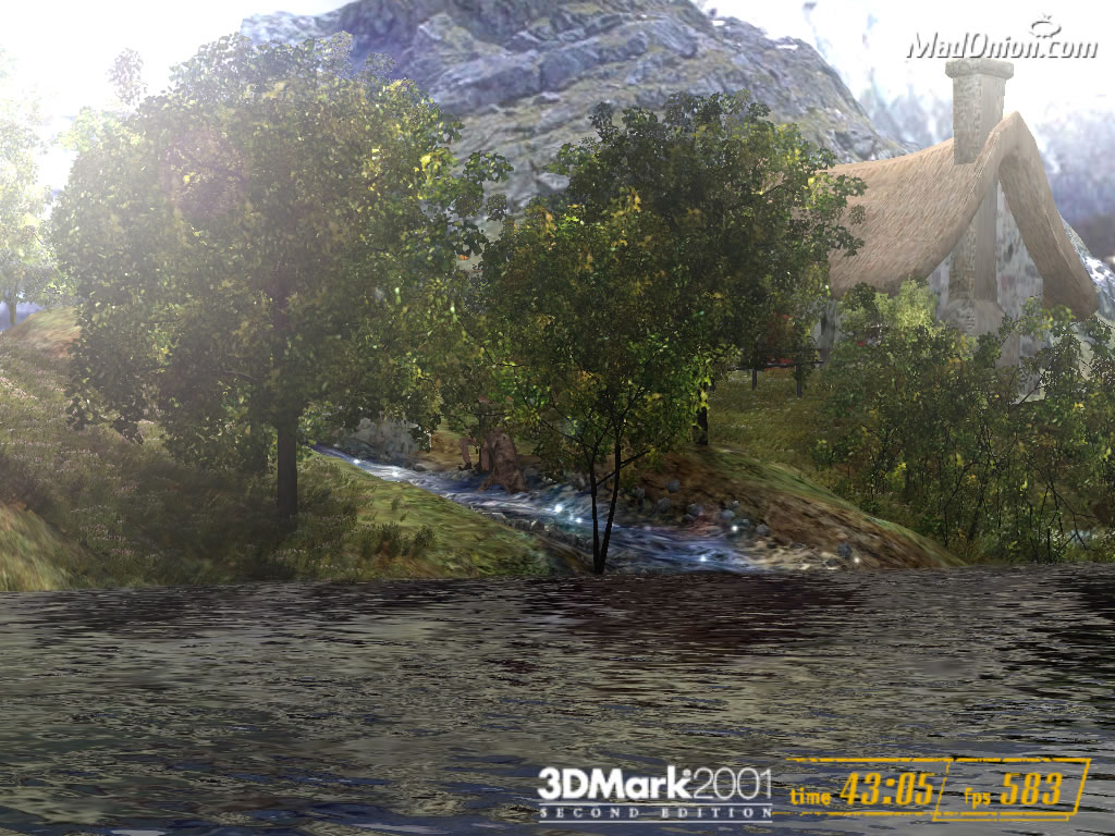 "3DMark2001SE"(Futuremark, 2001)에서. 수면의 잔물결은 노멀 맵에 의한 것. 하나하나의 잔물결은 형상을 변화시키지 않지만, 하지만 스크롤은 하고 있었다. 이것도 나름대로 리얼하게 보입니다.