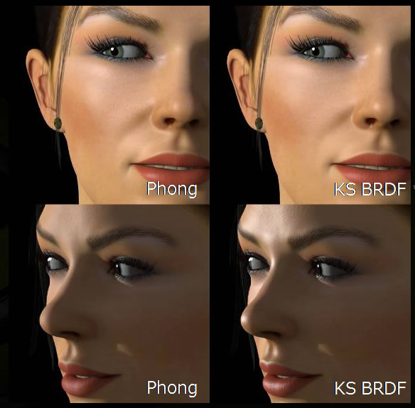빛과 3D 모델의 위치 관계는 동일하게 하고, 보는 위치를 바꾸었을 경우의 폰 쉐이딩과 KS BRDF법과의 비교도. 정면에서 본 경우(상단)는 그다지 차이가 ​​보이지 않지만, 하이라이트가 나오는 면을 긁는 각도로 본 경우(하단)에서는 분명히 하이라이트의 출방이 다르다. KS BRDF 법이 사실입니다.