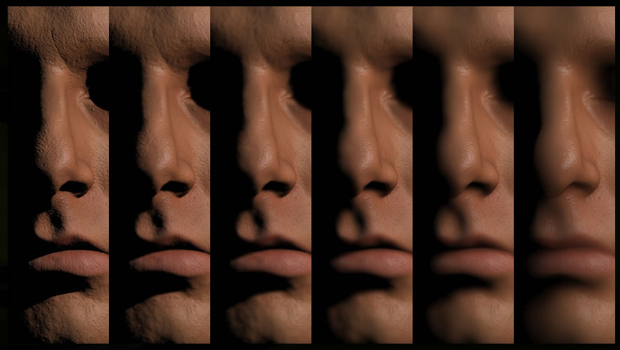 6회분의 다른 필터 지름으로 보카한 결과. 왼쪽 가장자리가 가장 좁고 오른쪽 가장자리가 가장 넓습니다. 좌단이 앞의 표의 최상단의 가중 계수로 블러한 것, 우단이 표의 최하단의 가중 계수로 블러한 것이 된다
