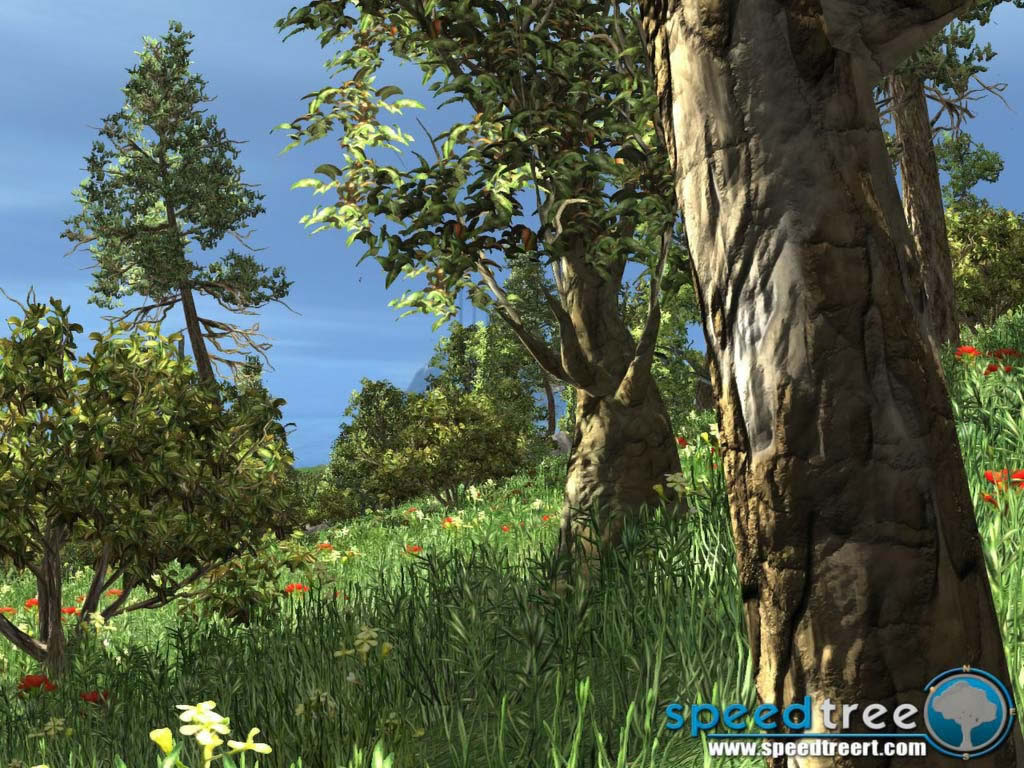 SpeedTree 기반으로 제작된 식물을 포함한 장면. 나무뿐만 아니라 풀꽃을 피울 수 있습니다.