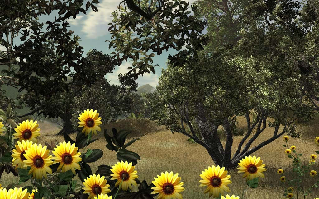 SpeedTree 기반으로 제작된 식물을 포함한 장면. 나무뿐만 아니라 풀꽃을 피울 수 있습니다.
